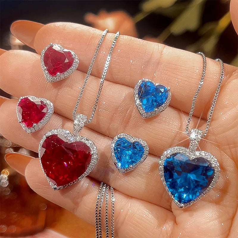 REDheart Zircon-Inlaid 18K Gold-Plated Trendy Women's Copper Bottom Simulation Blue Spike Heart Pendant Wedding Jewelry Set