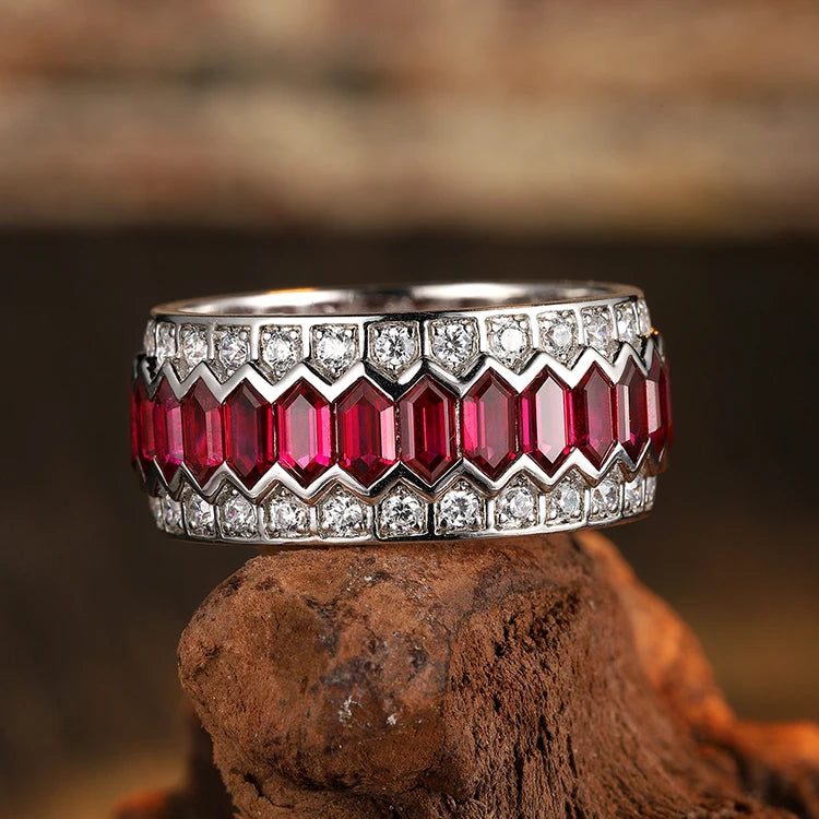 Gemfiori 925 Sterling Silver Jewelry Faux Diamond Eternity Rings Men's Lab Created Rubies Engagement Rings for Women
