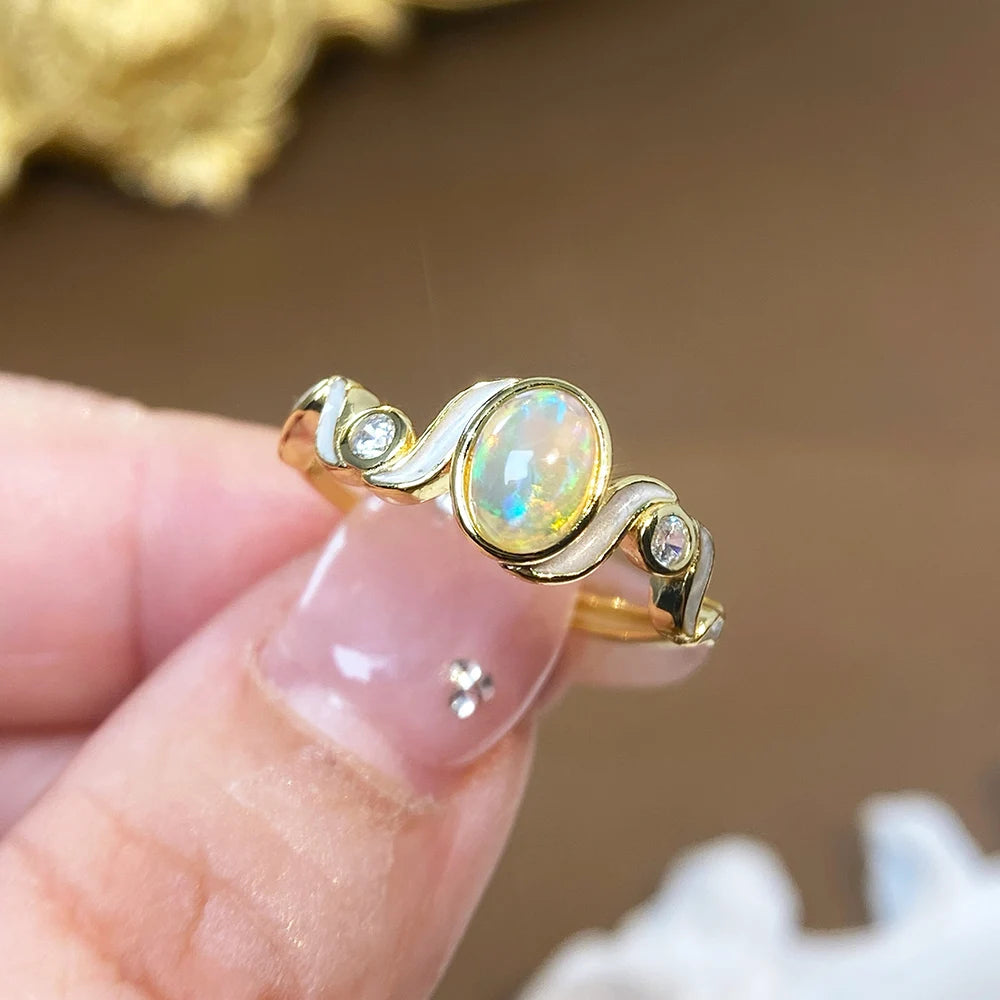 Gioiellieri Natural White Opal Prong Setting Rhodium Plated 925 Sterling Silver Luxury Women's Wedding Ring
