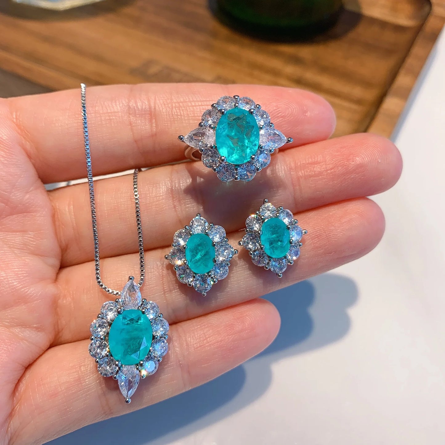Factory Wholesale Eco-friendly Copper 8*10mm Green Zircon Brass Pendant Earrings Set Minimalist Jewelry Set Women