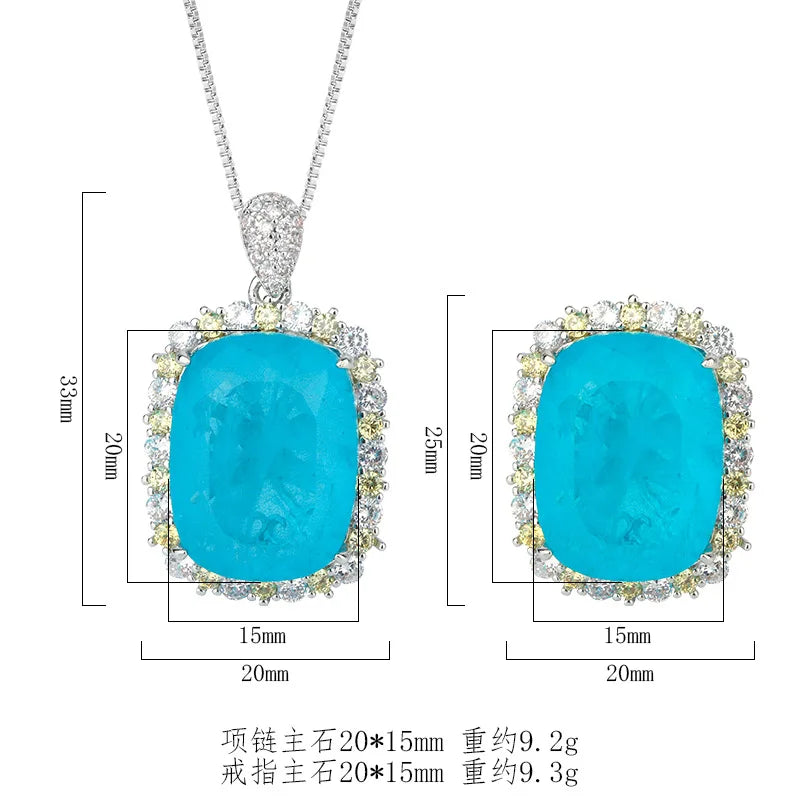 Gemfiori Light Luxury Niche Design with Inlaid Blue Zircon Wedding Set Pendant Earring Bridal Jewelry Accessories