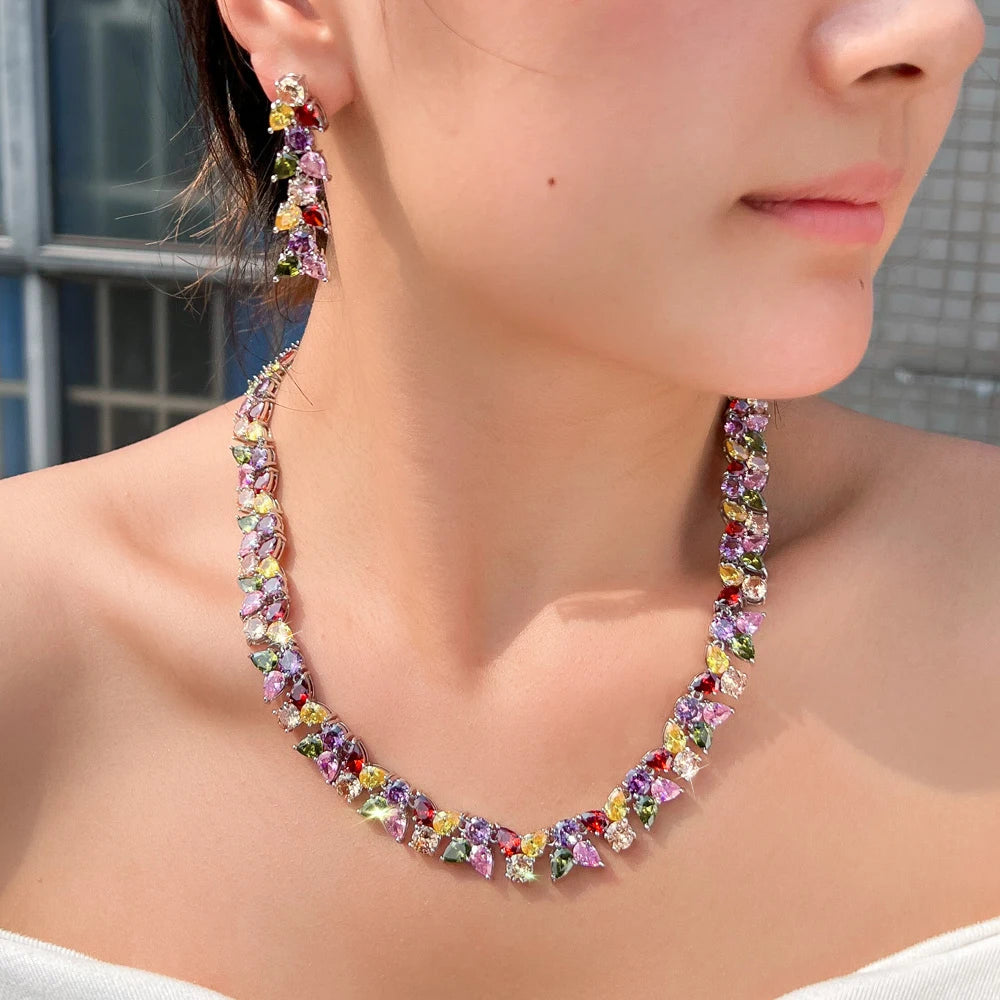 Super Luxury Cubic Zirconia Necklace and Earrings Set Women Colorful Jewelry Set for Party Prom Wedding Dress Accessories