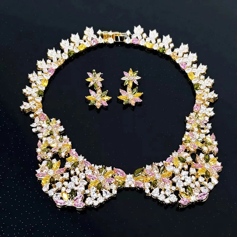 Bella Viva Vintage Elegant Luxury Floral Cubic Zirconia Necklace & Earring Set, Women's Jewelry for Bride, Dinner Dress & Party
