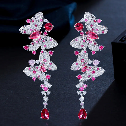 S&S Red CZ Butterfly Long Dangle Drop Earrings – 925 Silver Pin – Rhodium Plated – Collection