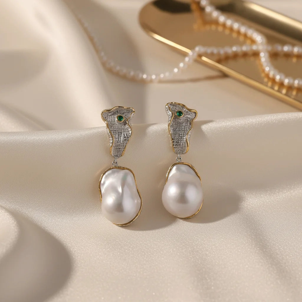 Custom Design Gold Plated Large Baroque Pearl Earrings 925 Sterling Silver