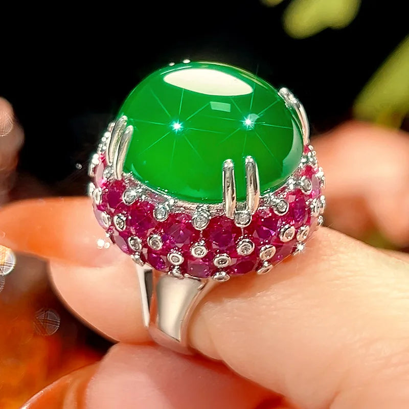 REDheart Brass Inlaid Zircon Open Movable Ring Simulation Green Chalcedony Fluorescent Advanced Luxury 18K Gold Plated Flower Design Set