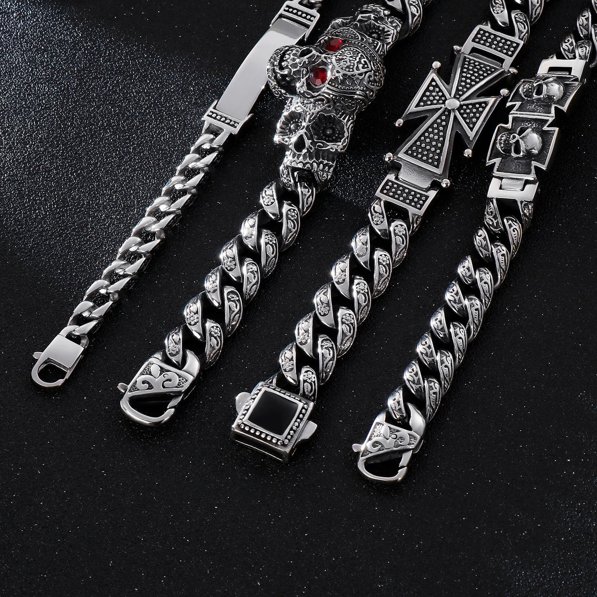 VIKING Mens Retro Skull Charm Bracelet – Silver Stainless Steel