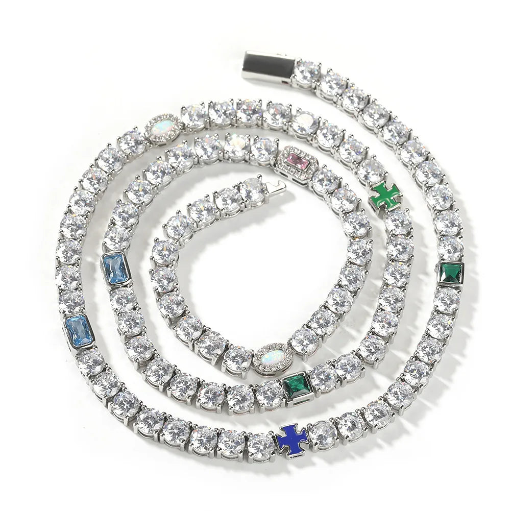 Bling Jewelry Hip-Hop Necklace Full Zircon Chain Opal Cross Charm Luxury Tennis Necklace