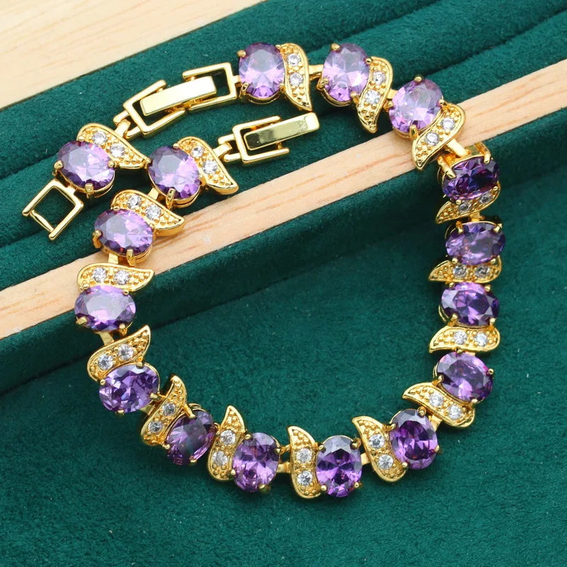 XOTICA Luxurious Purple Zircon Gold Wedding Set for Women Including Bracelet Earrings Necklace Pendant Ring-for Parties Holidays