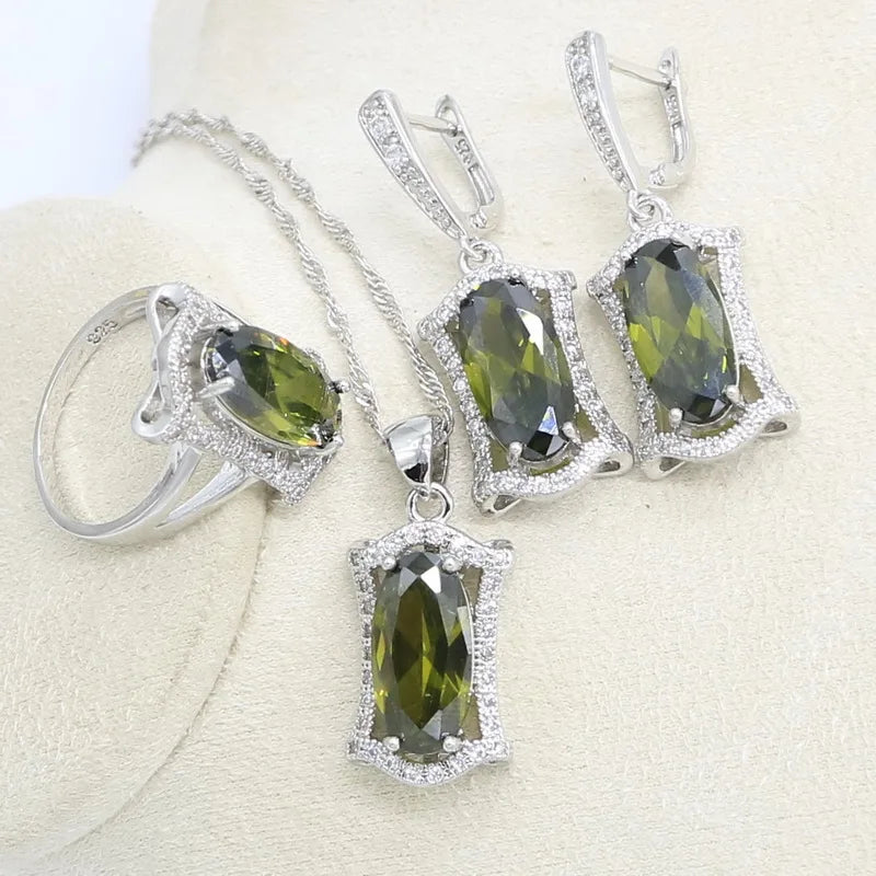 XOTICA 925 Silver Jewelry Set for Women Peridot Green Includes Bracelet Earrings Necklace Pendant Ring for Weddings Main Stone Zircon