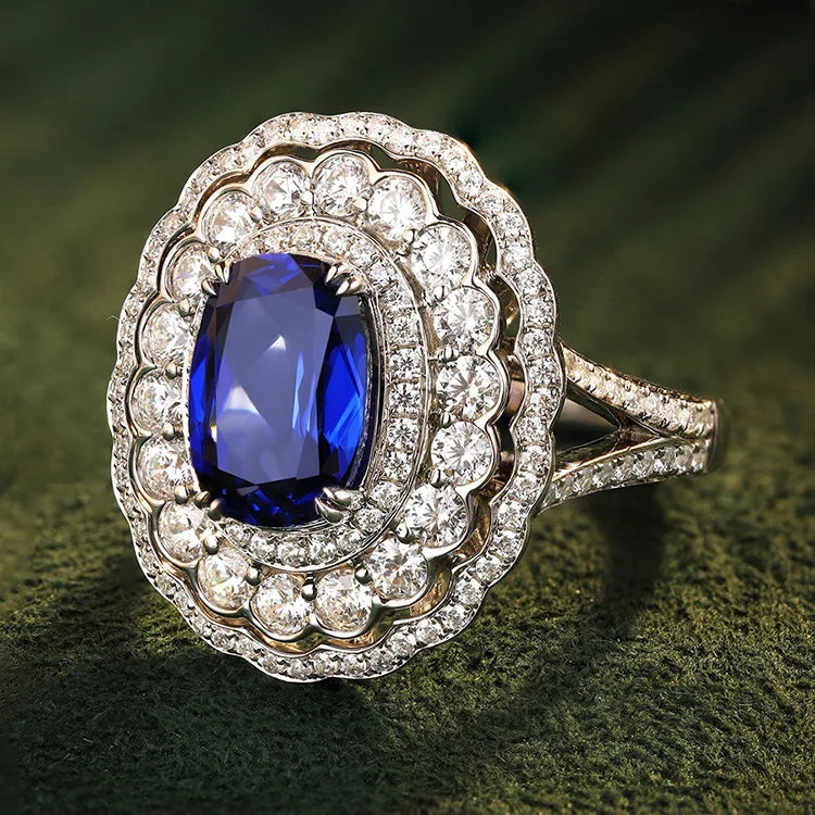 Gemfiori Silver S925 Cushion Blue Baguette Lab Sapphire Flower Halo Ring for Women 3.79ct Sapphire Stone