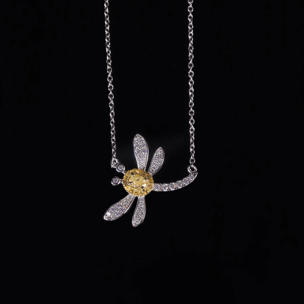 ArtistA AN063 Abiding Cute Insect Dragonfly Fancy Vivid Yellow Cubic Zirconia 925 Sterling Silver Dragonfly Pendant Necklace