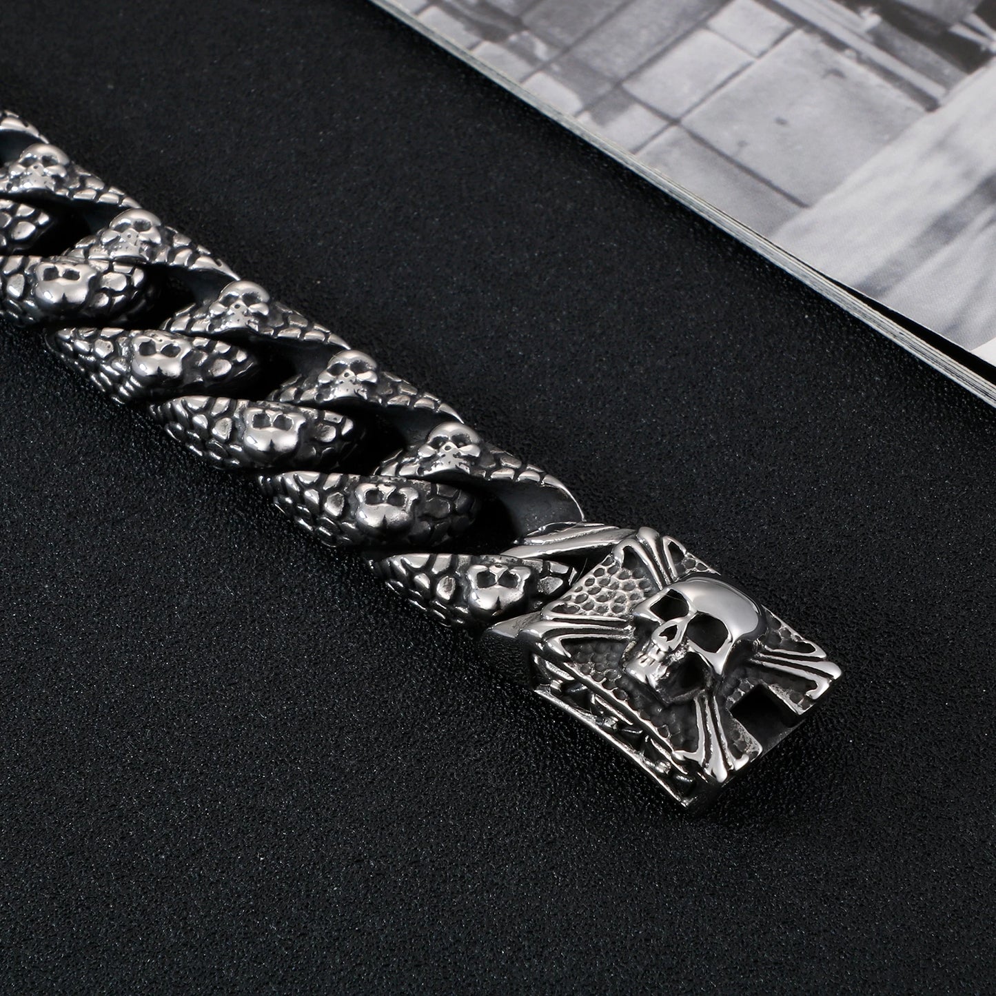 KALEN Europea Punk Mens Relievo Skull Jewelry Skeleton Head Cross Stainless Steel Curb Cuban Link Chain Bracelet for Men