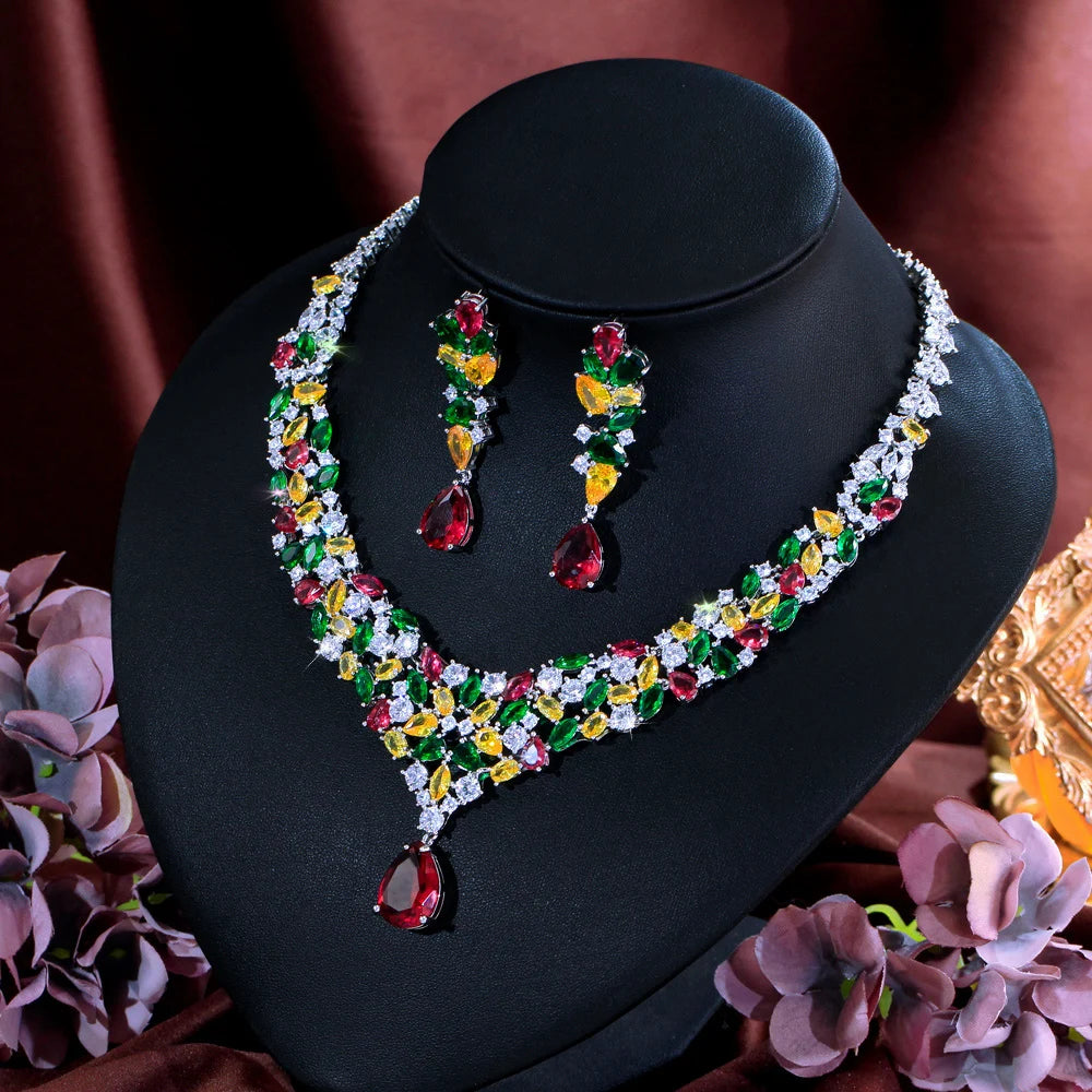 Colorful Nigerian Necklace Earrings Red Green Yellow White Zirconia Wedding Bridal Luxury Big Statement Jewelry Set for Women