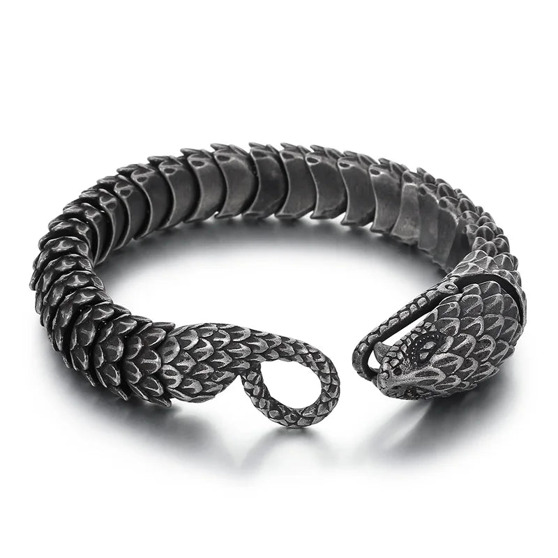 REBEL 220mm Men Punk Oxidized Black/Silver/Gold Stainless Steel Feathers Snake Links Bracelet