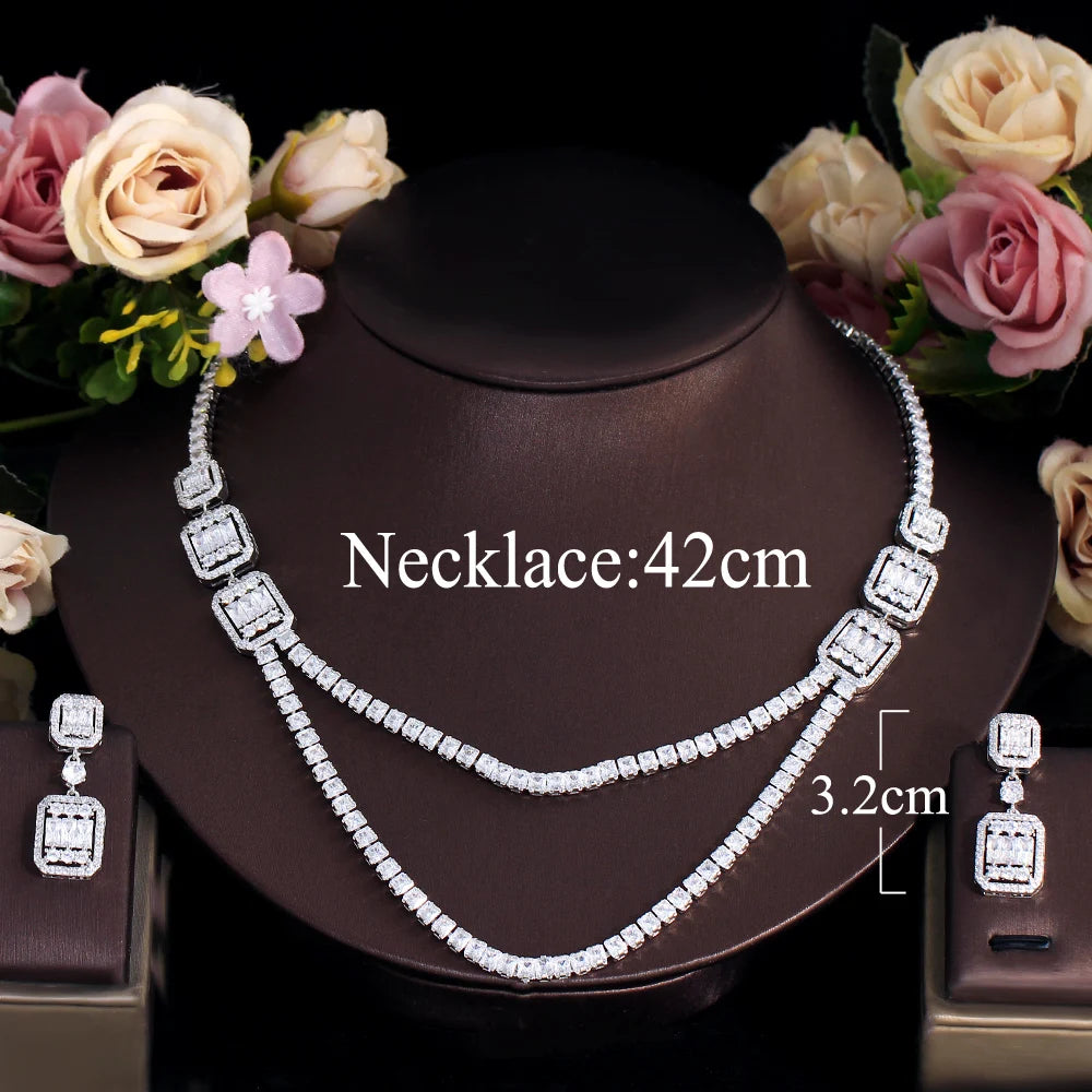Wholesale Shiny White Cubic Zirconia Double Layered Wedding Evening Chain Necklace Bridal Party Wear Jewelry Sets for Women