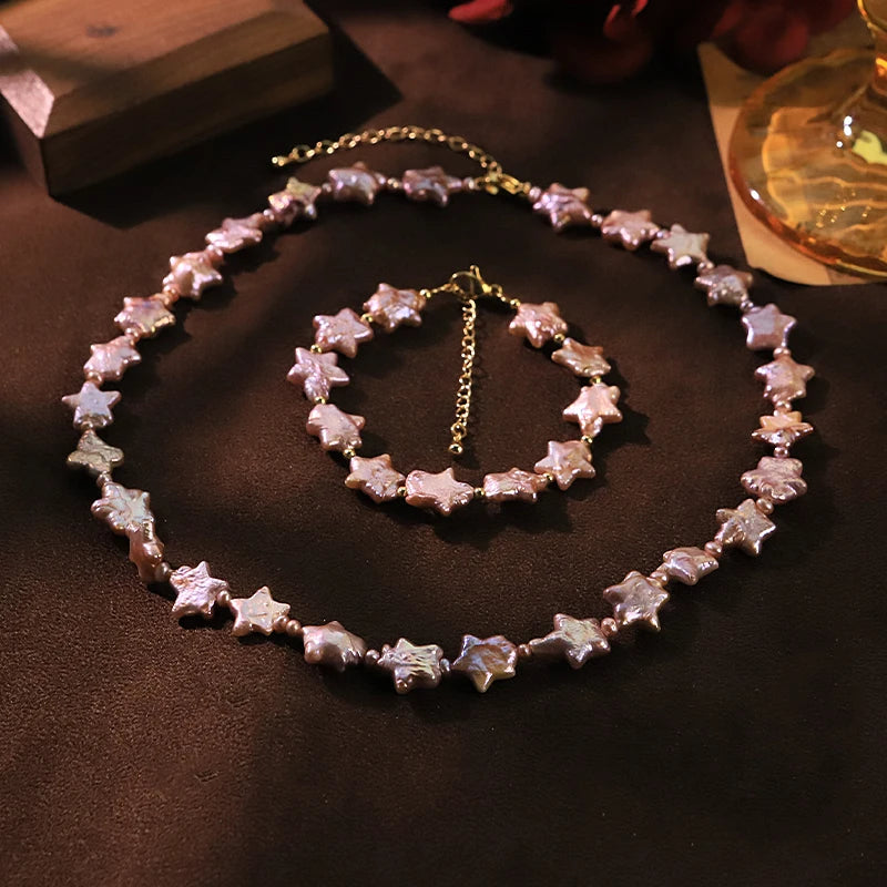 GLSEEVO Natural Purple Star Shaped Baroque Pearl Jewelry Set for Mother's Day Gift Pearl Necklace Bracelet Set Fashion Jewelry