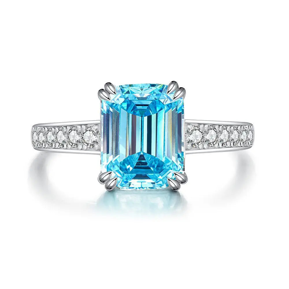 Waterproof Women 925 Sterling Silver Aquamarine 5A 8A Cubic Zirconia Ring Wedding Anniversary Rings Custom Jewelry Supplies