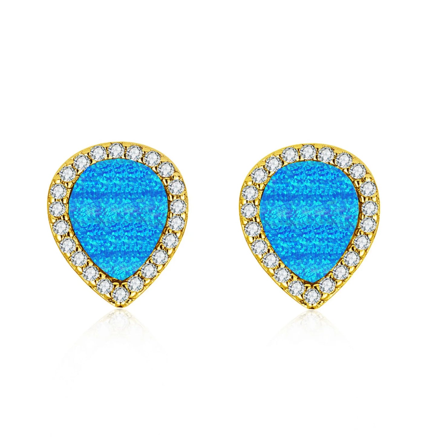 Teardrop Opal Halo Stud Earrings - Blue Fire Opal & Paved CZ Frame Design | Elegant Daily Jewelry Bulk Gifts