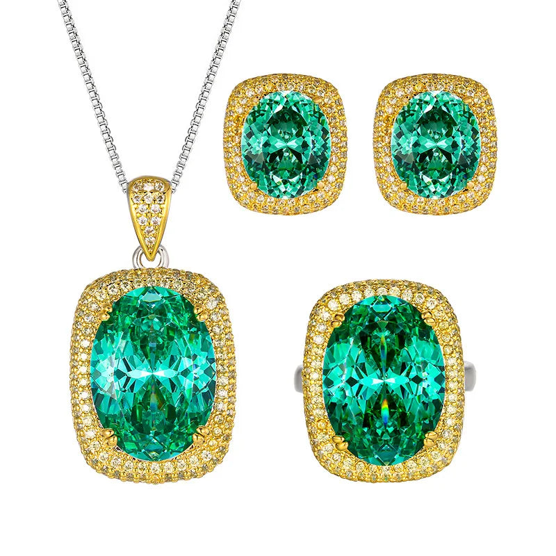 Gemfiori Luxury Vintage Gothic Royal Blue Sapphire Jewelry Set Black Gold Plated Cushion Cut Blue Gem Halo Pendant Necklace Earrings Ring