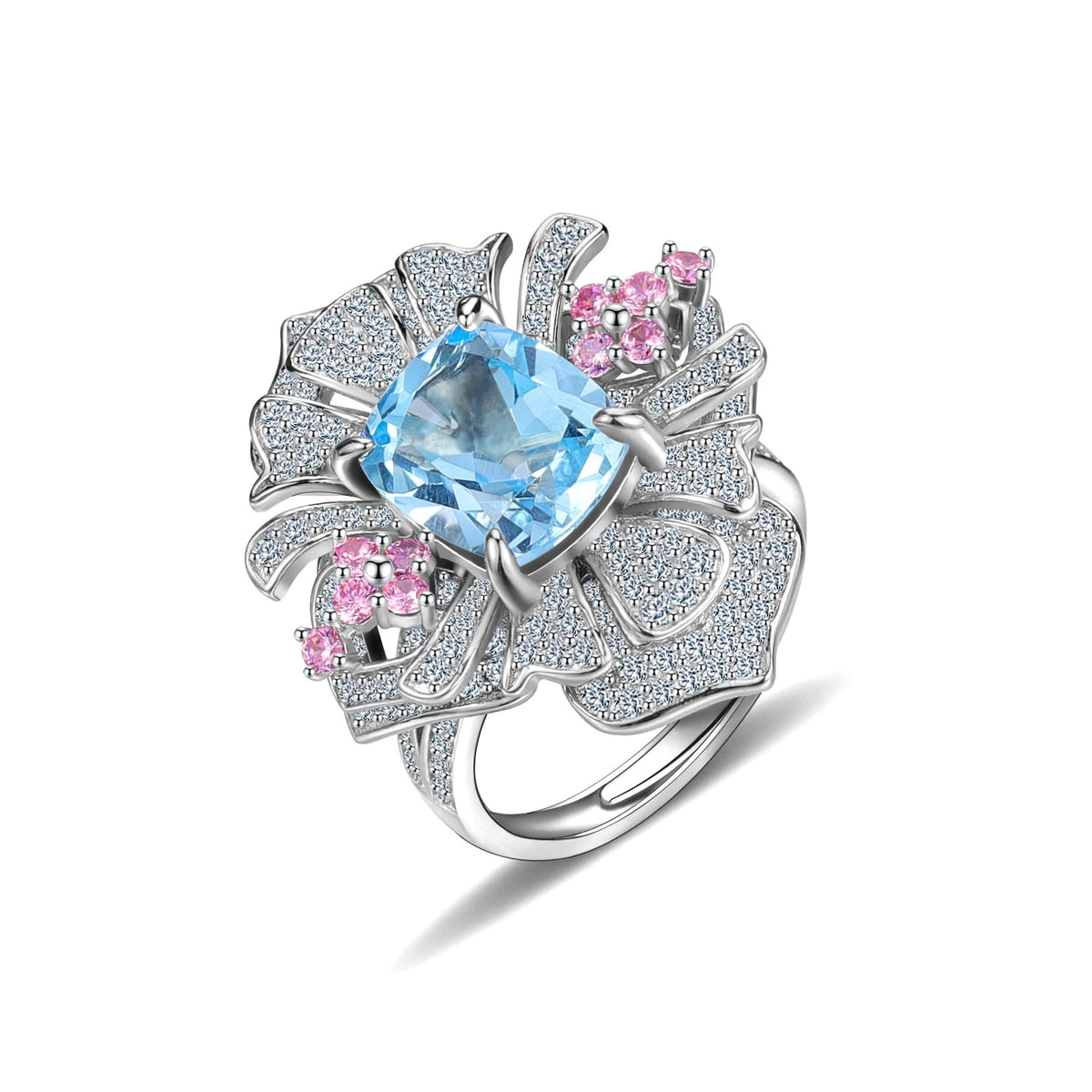ArtistA Abiding Retro Light Luxury Flower Natural Stone 925 Silver Big Cushion Cut 9X11MM Flower Shape Cz Cocktail Dinner Party Rings