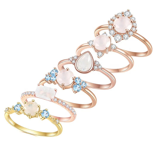 Gemfiori Abiding Fine Jewelry Delicate Fashion Rainbow Milky Moonstone Gemstone Ring Jewelry for Women