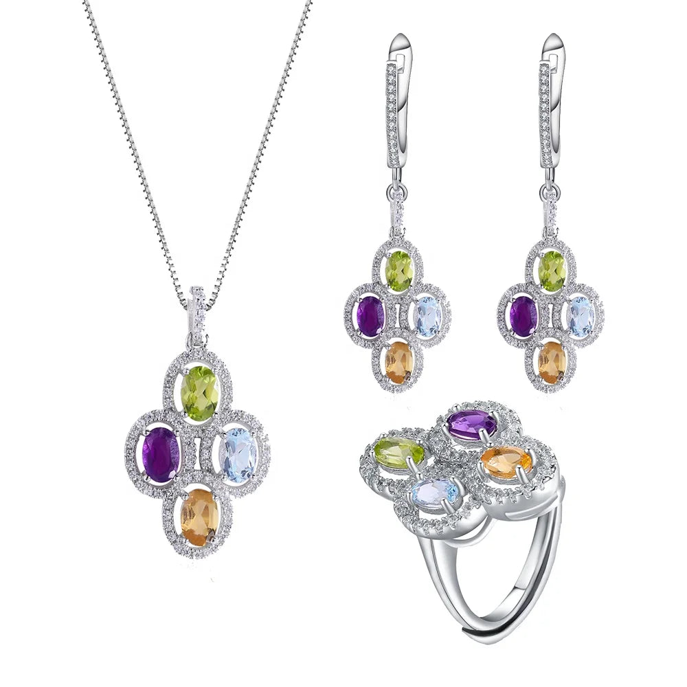 ArtistA Abding 925 Sterling Silver Natural Mix Gemstones Thailand Necklace Earrings Ring Clover-inspired Jewellery Set for Evening Party