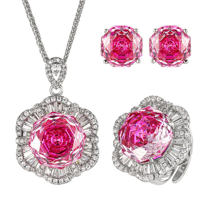 Gemfiori Fashionable Luxury Jewelry Rose Red Zircon Pendant New Exquisite Temperament and High-end Feeling Set