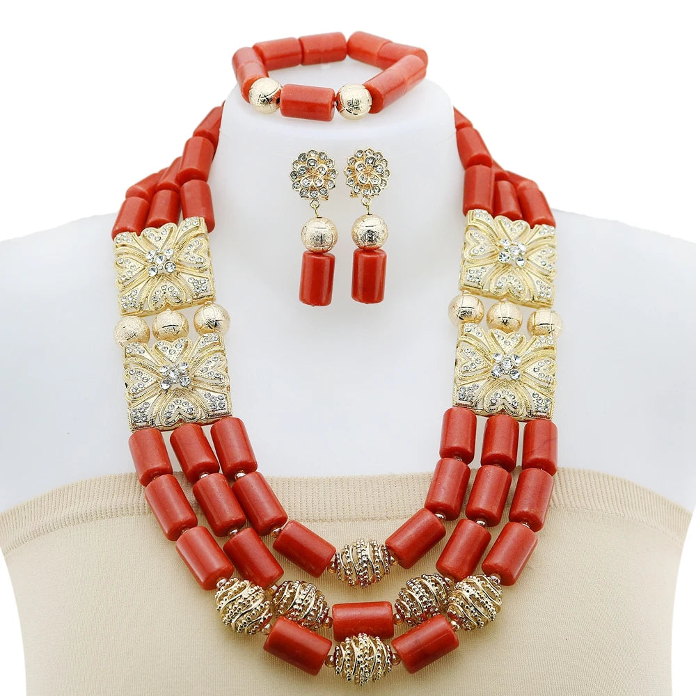 Zhuerrui Elegant Red Coral Beads Design Set Gold Accessories Necklace Sets Exquisite Craftsmanship Suitable for Party YL3133