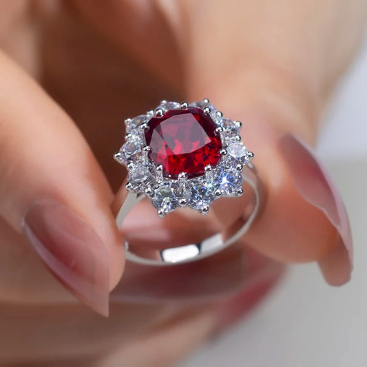 Messi Jewelry MSR-955 S925 Lab Ruby Cushion Cut Ring Flower Design Engagement Ring Wedding Band Classic Gift