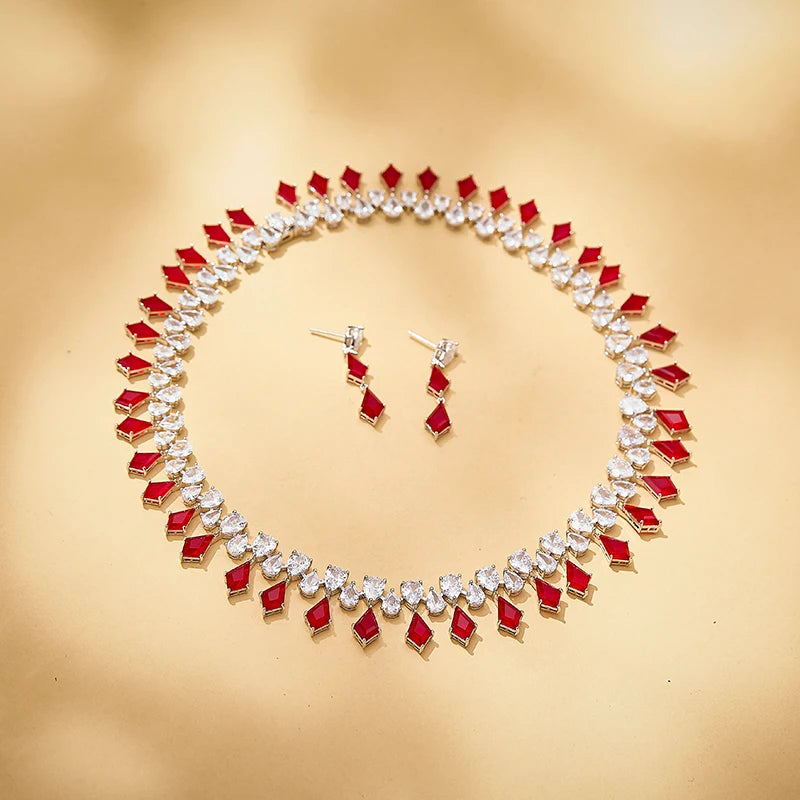 Modern Rhombus Red and Sapphire Necklace Earrings Gold-plated Women's Jewelry Wholesale Wedding Anniversary Holiday Set