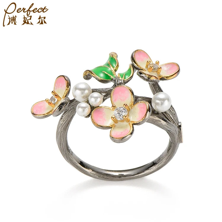New Style Handmade Design Enamel Jewelry Women Flower Shape Luxury 925 Sterling Silver Ring