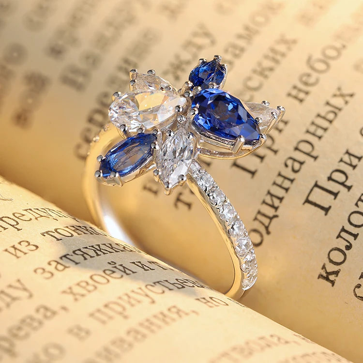 Gemfiori Miss Jewelry New Design 18k Gold Pear Cut CZ Sapphire Stone Promise Diamond Engagement Ring for Women