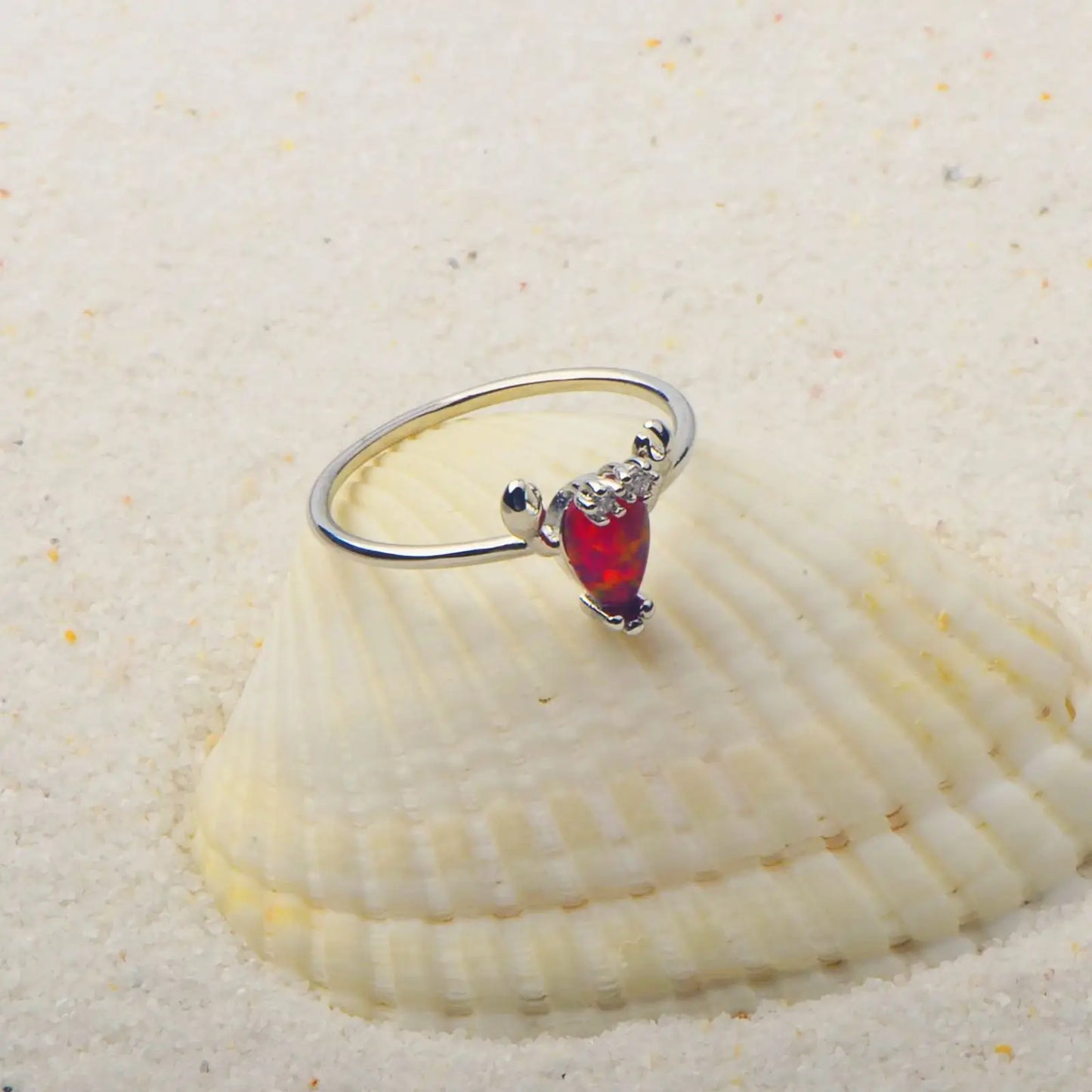 Cute Crab Shape Opal Ring | Red Iridescent Gemstone & Zircon Accent | Animal Jewelry for Women Trendy Daily Wear