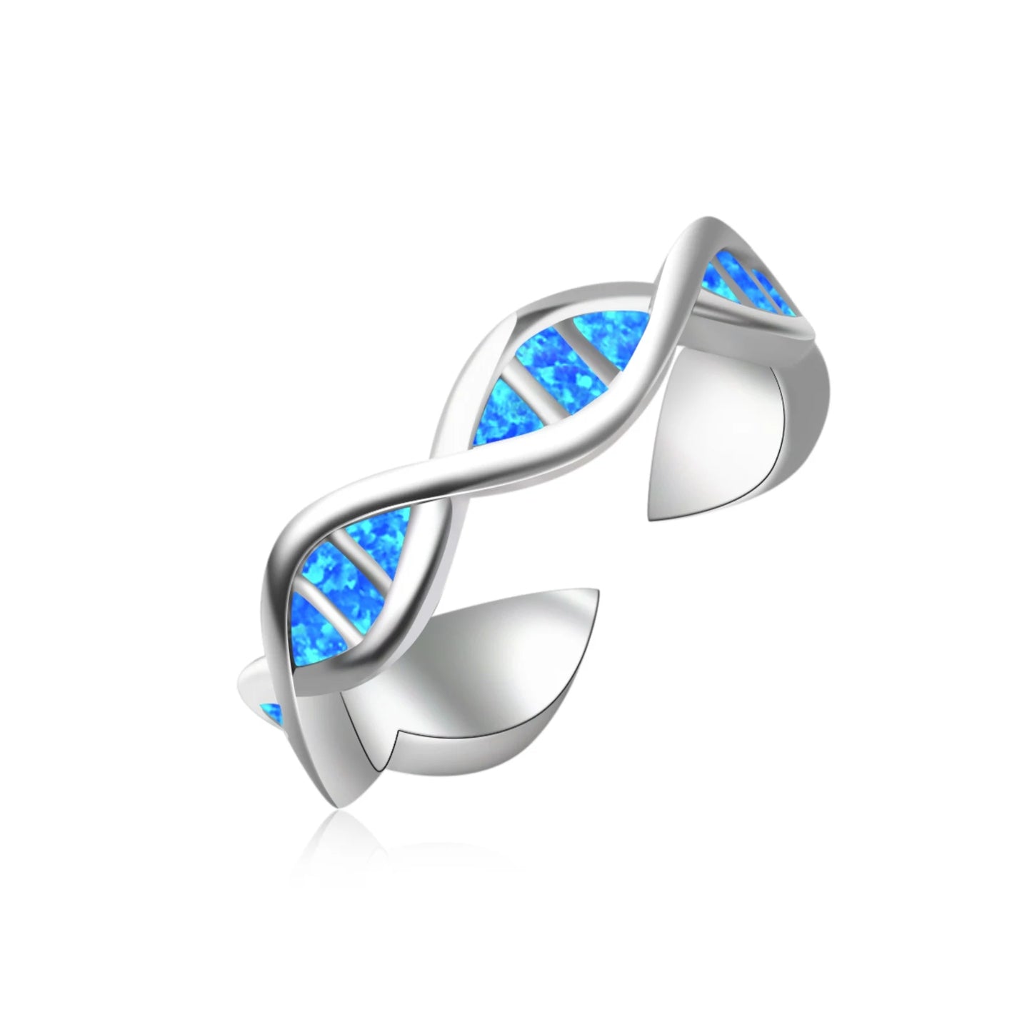 Science Style DNA Double Helix Open Ring | Blue Opal Inlay Stainless Steel Adjustable Finger Ring for Women Men Fashion Jewelry