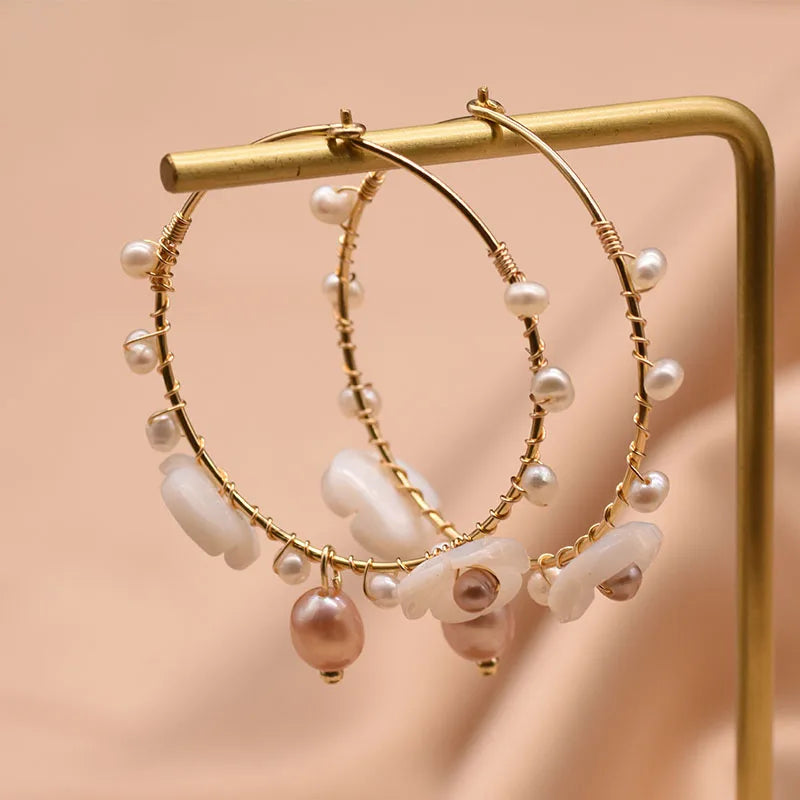 925 Sterling Silver Flower Natural Fresh Water Pearl Hoop Big Earrings for Women Wedding Gift