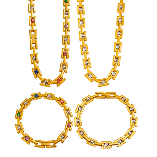 S&S Elegant Stylish Colorful Zircons Bracelet Necklace Jewelry Set Stainless Steel with Real Gold PVD Plating Wedding Gift