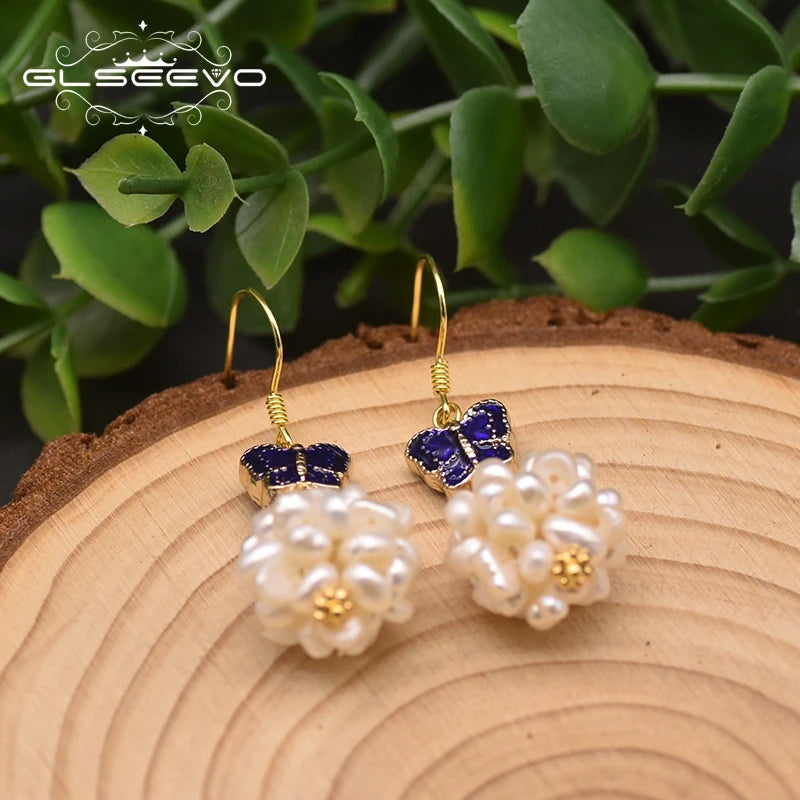 Natural Fresh Water Pearl Cloisonne Butterfly Romantic Drop Earrings Designer Spherical Charm Earrings for Women