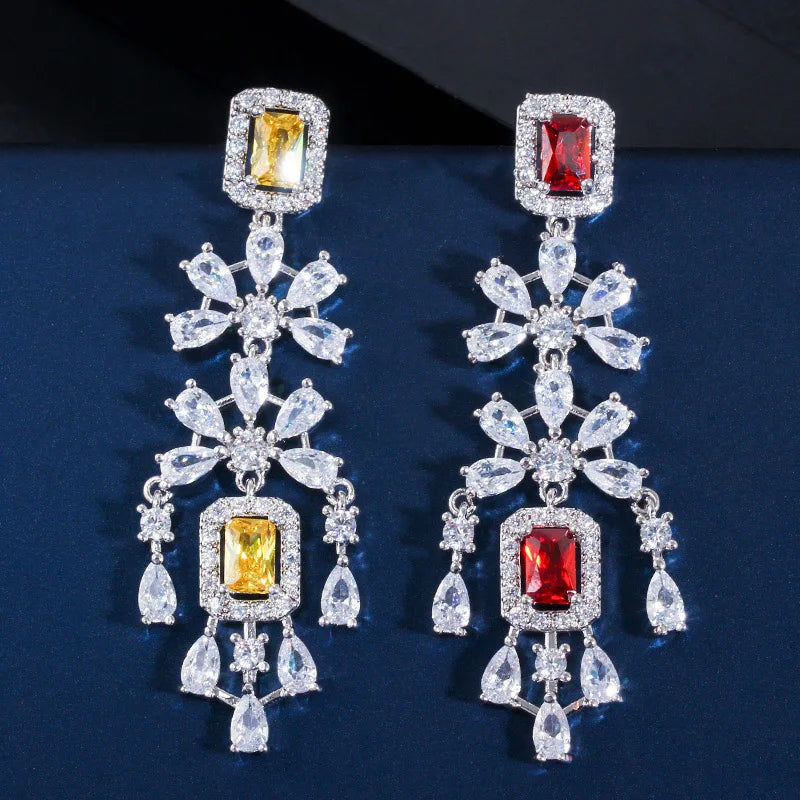 Shiny Red Cubic Zircon Big Round Tassel Drop Necklace Earrings Jewelry Sets for Brides Luxury Wedding Prom Dress Accessories
