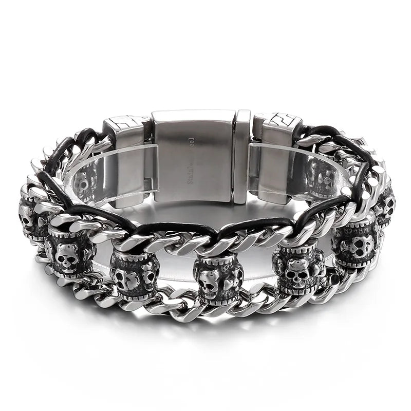 VIKING Mens Punk Skull Charm Stainless Steel & Cowhide Link Bracelet – Silver