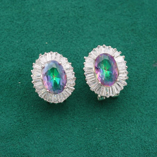 Wholesale Silver Women's Wedding Jewelry Amazing Rainbow Zircon Clip Earrings Custom Fashion Drop Earrings for Ladies