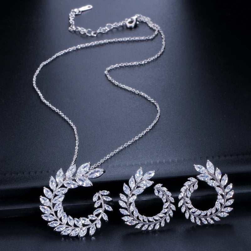 Women Costume Jewelry Long Leaf Olive Branch Marquise Cut Pendant Necklace and Earring Sets with Sparkly White Cubic Zirconia