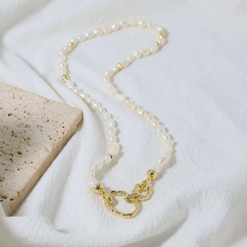 Natural Freshwater Pearl Gold Ring Buckle Necklace Korean Women's Luxury Jewelry Fashion Women's and Girls' Gifts GN0649