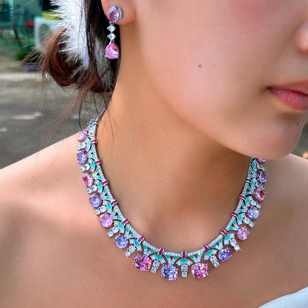 Graceful Pink and Purple Oval Cut Shape Cubuic Zirconia Green Enamel Statement Jewelry Set for Women Evening Prom Jewelry Gift