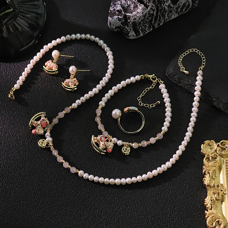 Natural Freshwater Pearl Pink Rocking Horse Jewelry Set for Women Birthday Gift Necklace Bracelet Earrings Ring Dainty Jewelry