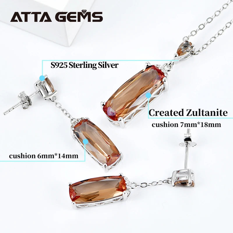 Synthetic Sultanit Zultanite Gemstone Jewelry Sets 925 Sterling Silver Rectangle Shape Earrings Necklace Wedding Gift for Women