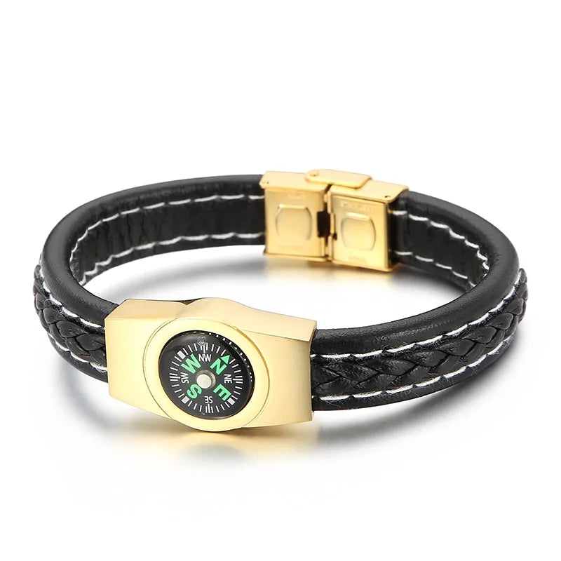 REBEL 210mm Unisex Trendy Ultrafiber Bracelet With Silver/Gold/Black Stainless Steel Compass