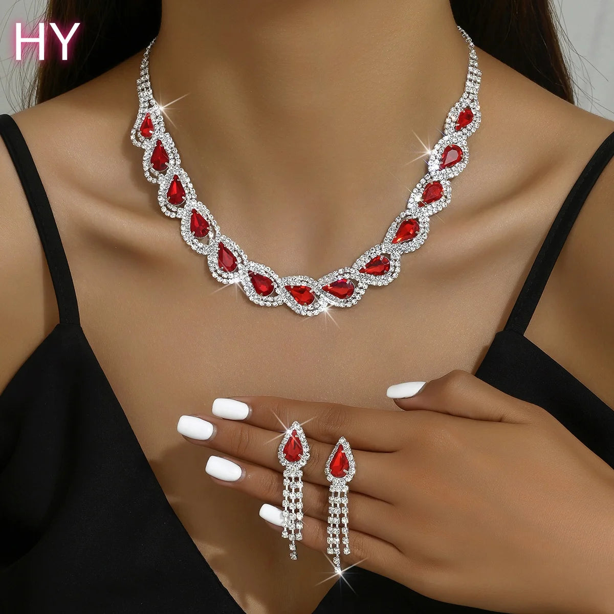 HY  Crystal Claw Chain  Plated Wedding Dress Accessory Set Red Horse Eye Zircon Elegant Necklace Bracelet Earring Gift
