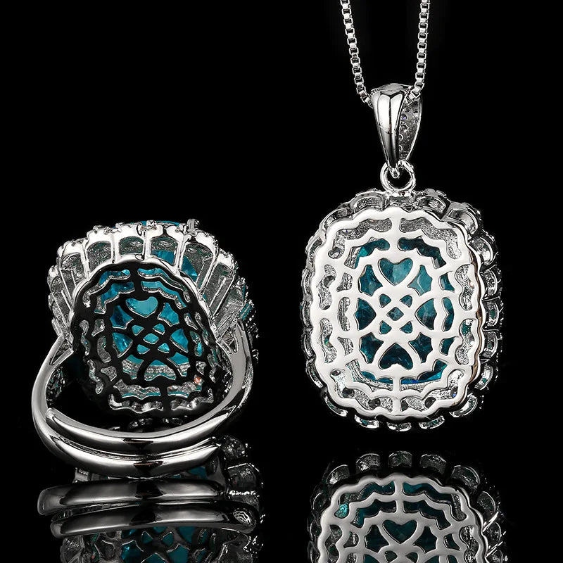 REDheart Copper Inlaid Zircon Gold-Plated Trendy Flower Shape Necklace Simulation Paraiba Blue Temperament Suit Women's Jewelry Set