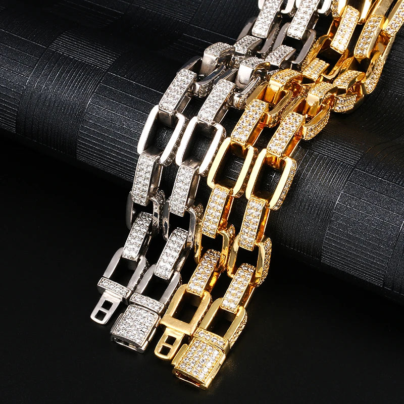 Fashion Design Copper Men 11mm High Quality Gold Plated Zirconia Cuboid Cuban Link Chain Wholesale Jewelry